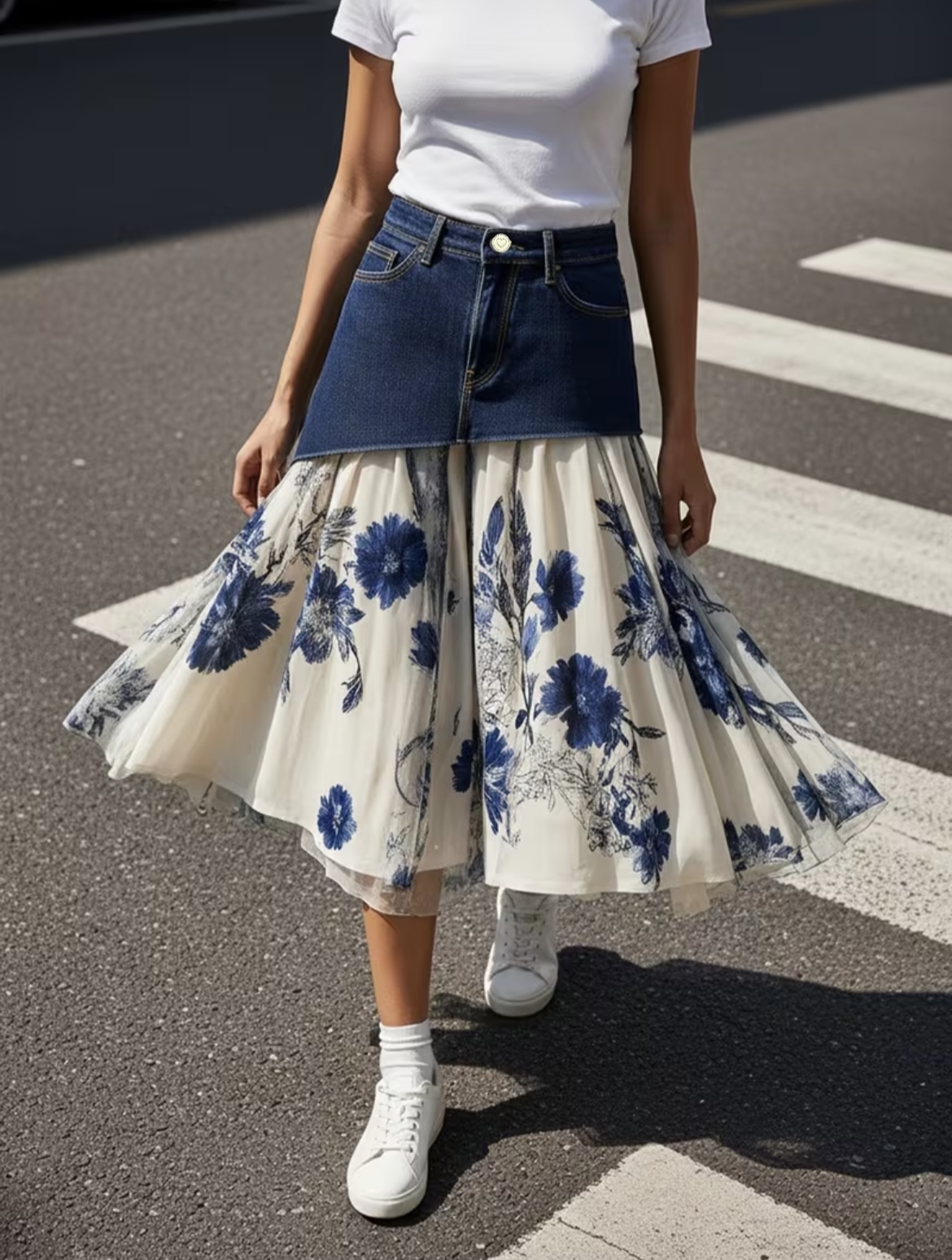 Midi Skirt Floral - Büyük Beden Kadın Yüksek Bel Kot